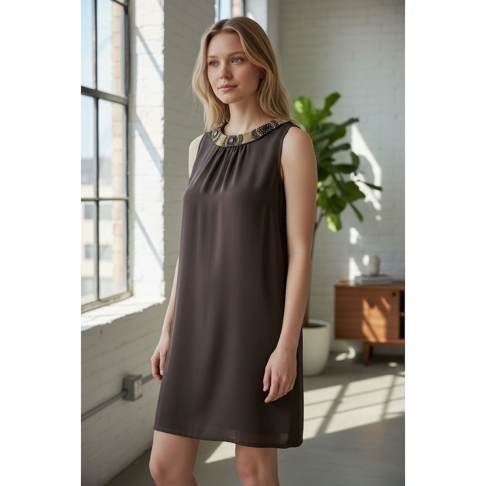 I.N. Studio Plus 22W Brown Sleeveless Mini Dress Beaded Neckline cruise vacation